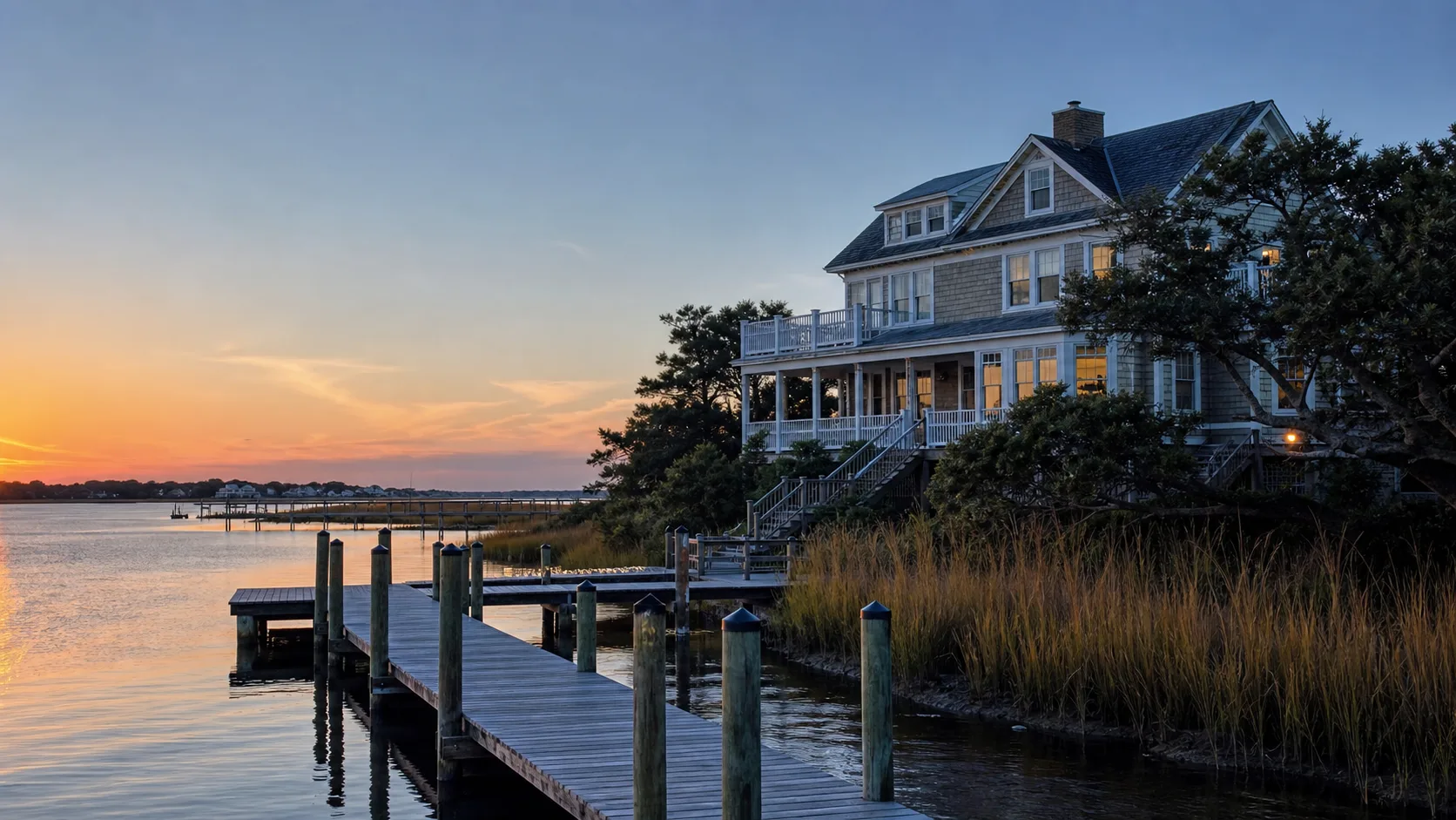 Soundside coastal home and private dock at dusk